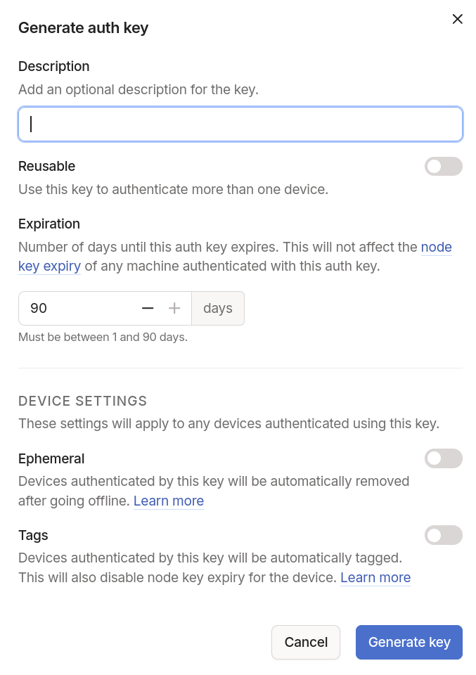Tailscale “Generate auth key” dialog